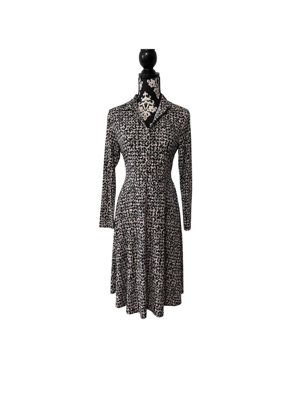 La Cera Black Cream Geometric Circle Print Long Sleeve Midi Shirt Dress Medium